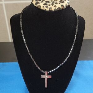 Black Hematite Beads and Cross Pendant with Rhinestone Accent Necklace